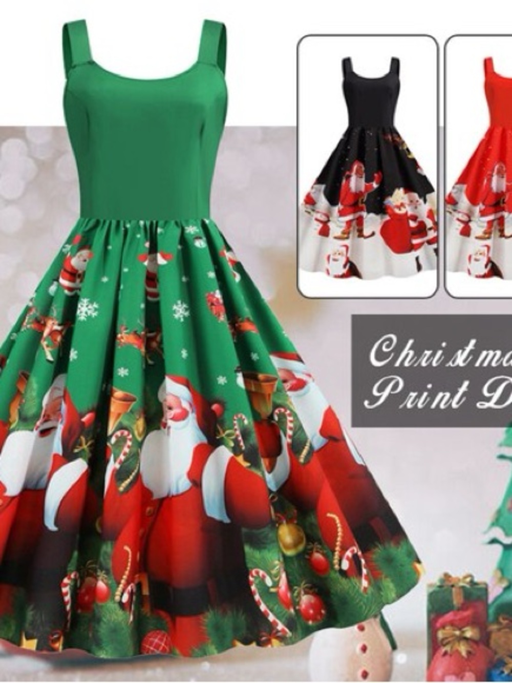 Vintage Green Santa Print Midi Dress - Festive Women's Holiday Dress